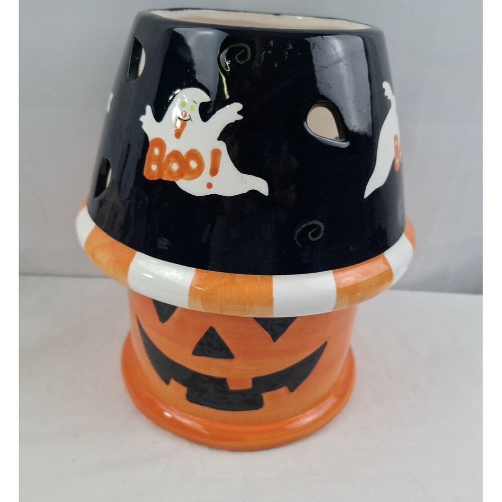 Ceramic Jack O Lantern Pumpkin Candle Holder With Shade Decor Halloween Luminary - Picture 3 of 11